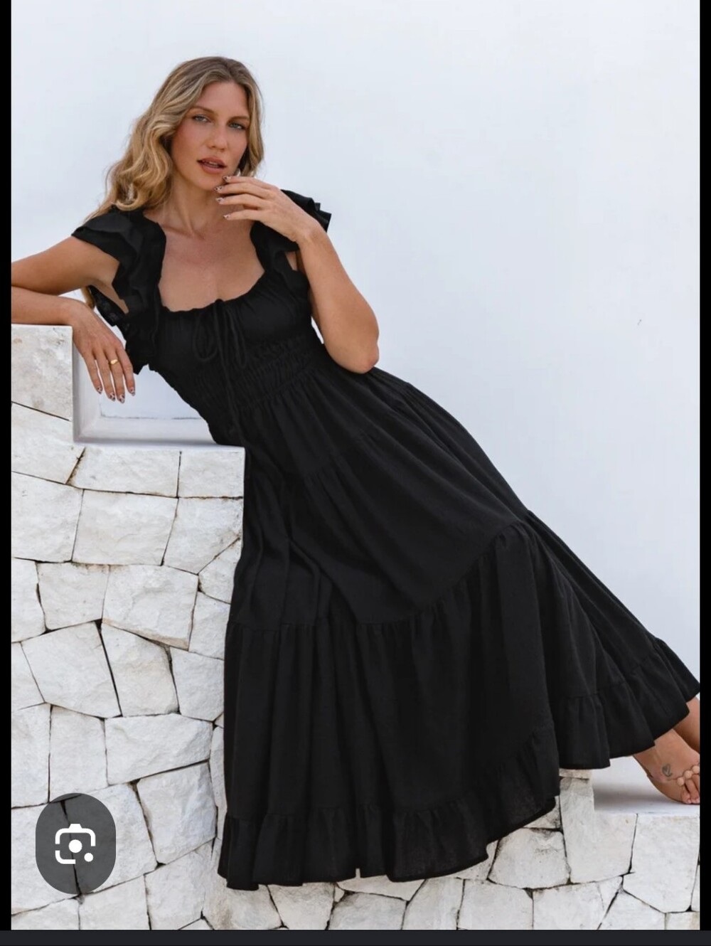 Smocked Ruffle Sleeve Black Maxi Dress